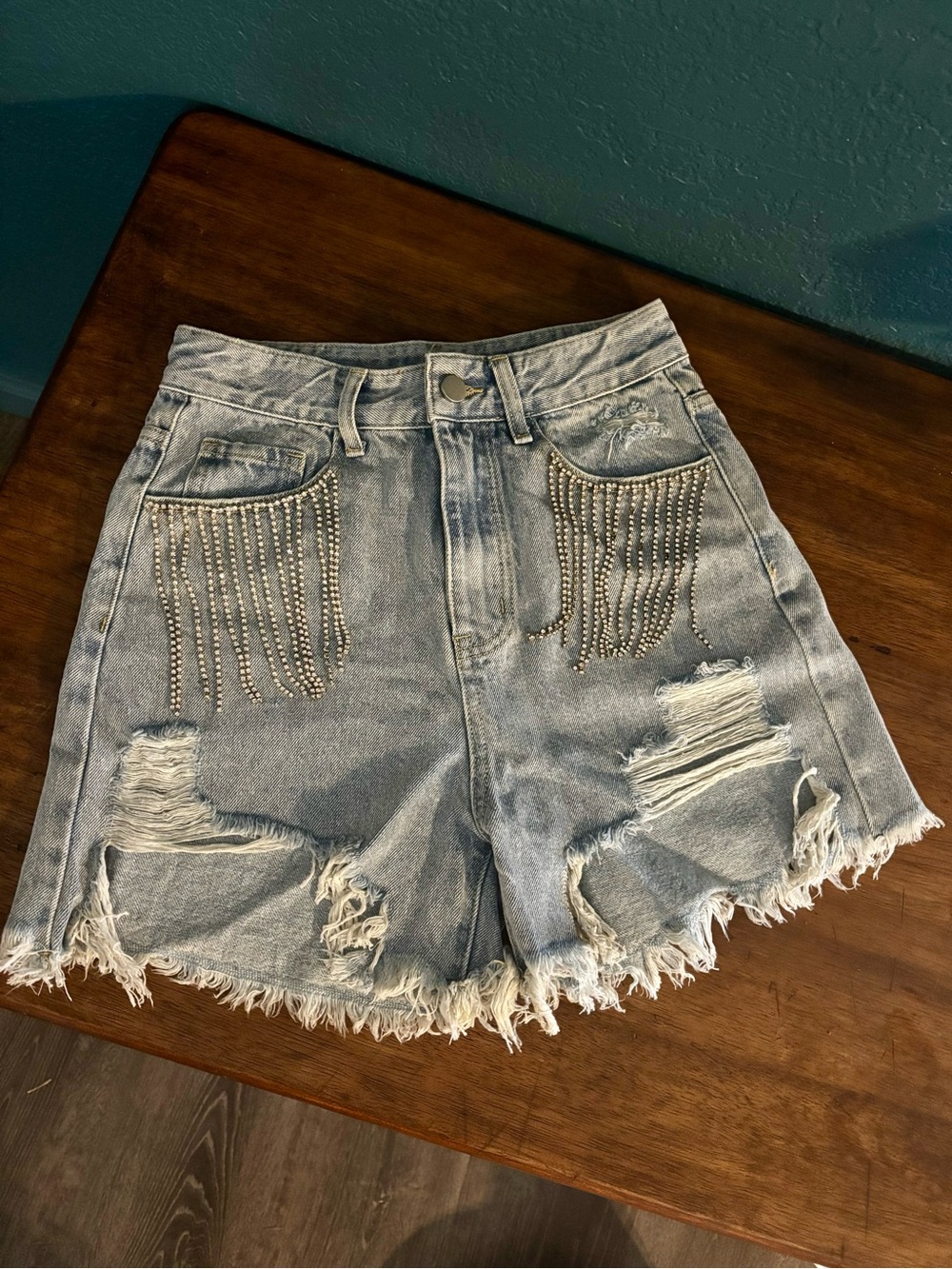 Cider Light Blue Distressed Denim Shorts with Stud Fringe